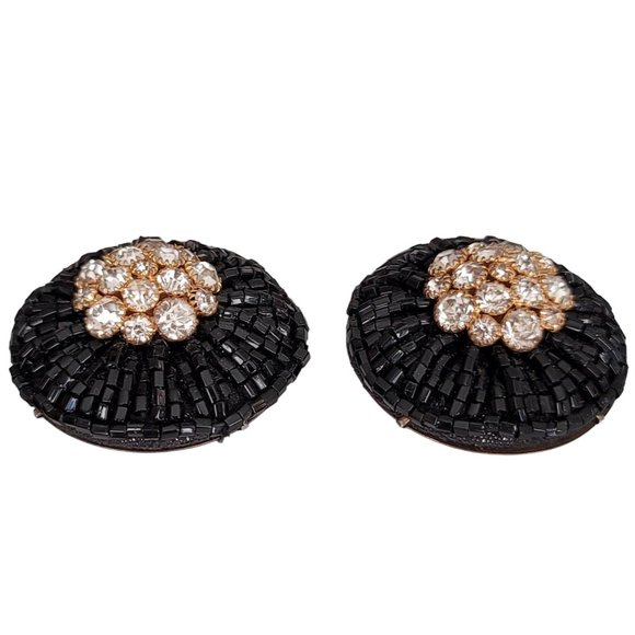 Black Glass Seed Bead Clear Prong Set Rhinestone Clip On Earrings K649 - Picture 2 of 7